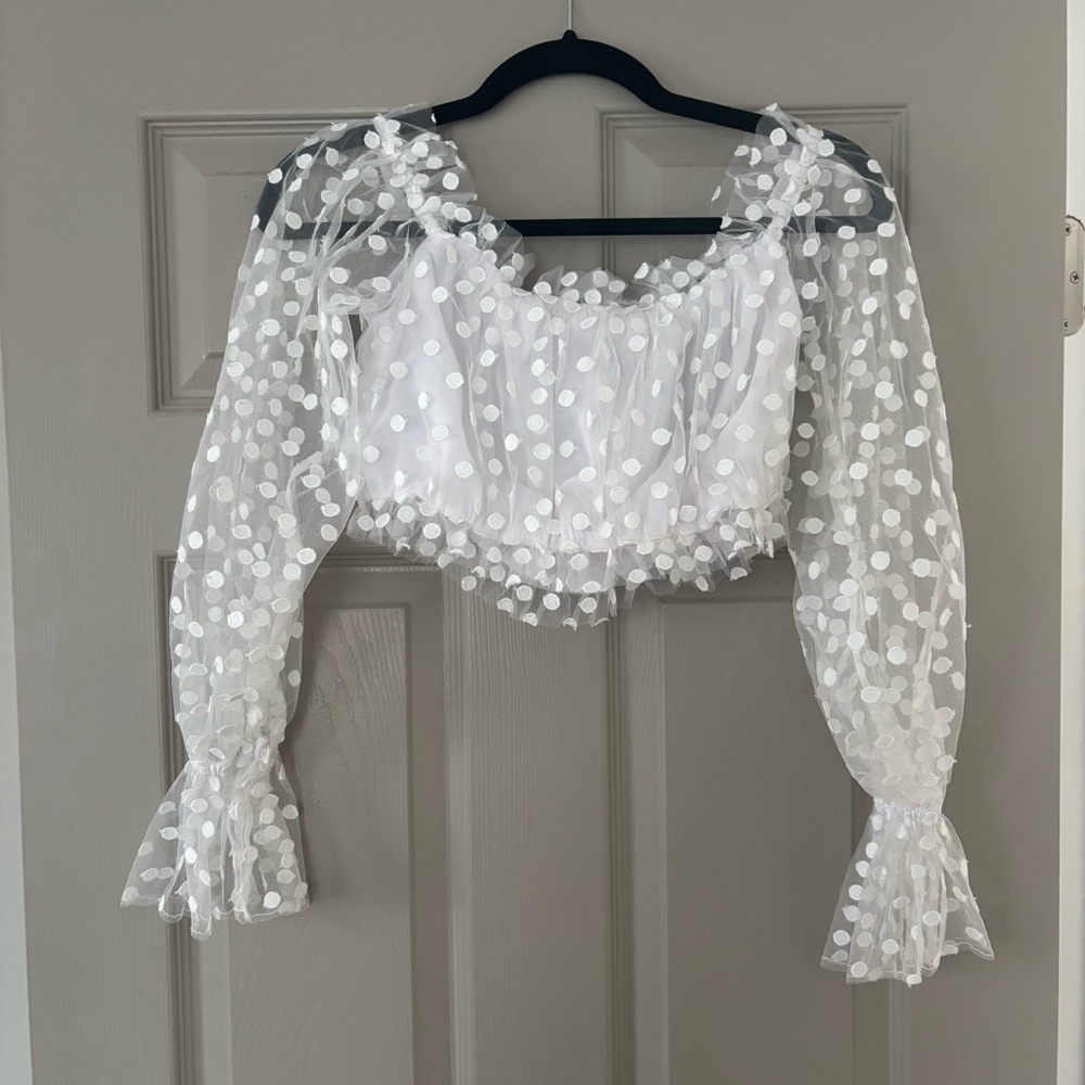 MAJORELLE White Sheer Sleeve Polka Dot Blouse